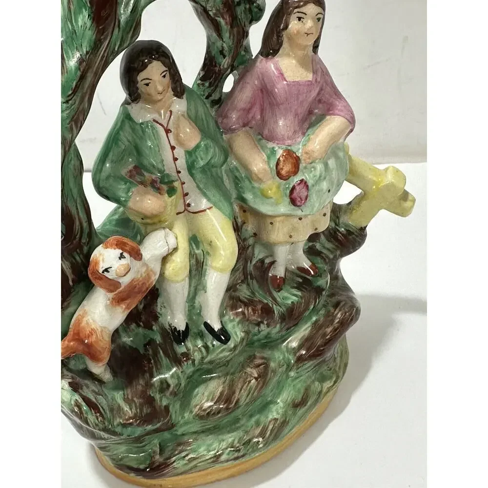 Antique Staffordshire Ceramic Figure Couple With Spaniel‎ Dog RARE REPAIRED